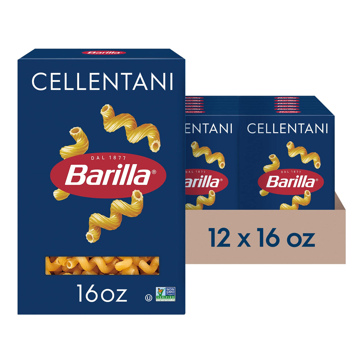 Barilla Cellentani pasta box 12-pack 16oz, ideal for quick weeknight meals.