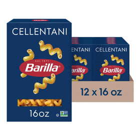 Barilla Cellentani pasta box 12-pack 16oz, ideal for quick weeknight meals.
