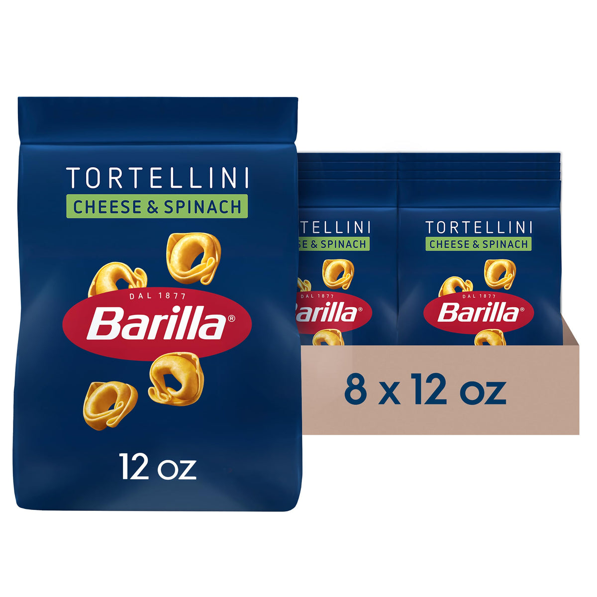 Barilla Cheese & Spinach Tortellini pack front, a pantry staple for weeknight meals.