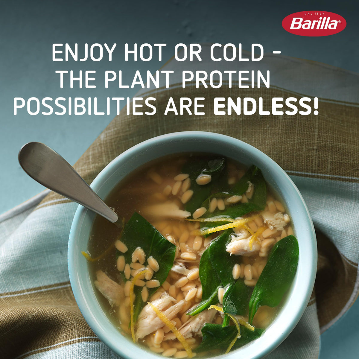 Barilla Chickpea Orzo nutrition panel highlights protein and fiber benefits.