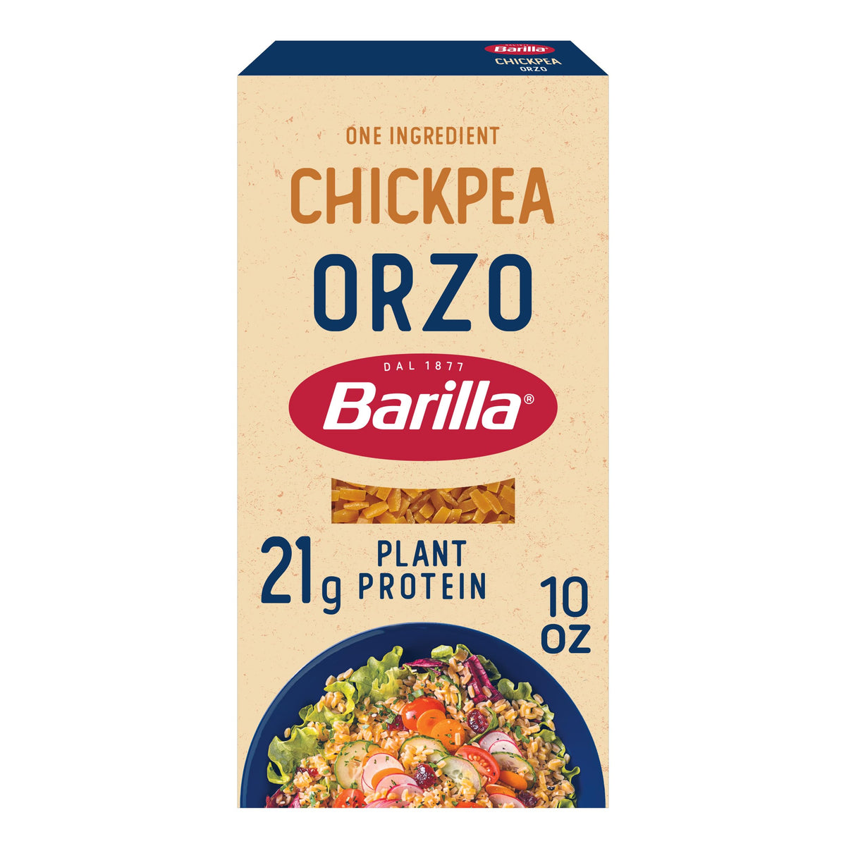 Barilla Chickpea Orzo pack of eight gluten-free 10-ounce bags on shelf.