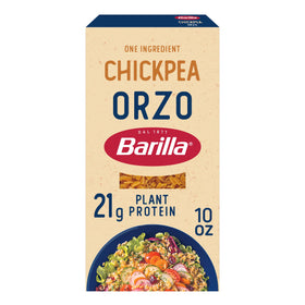 Barilla Chickpea Orzo pack of eight gluten-free 10-ounce bags on shelf.