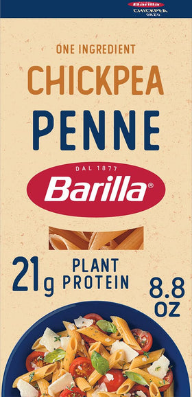 Barilla Chickpea Penne Pasta box front highlights gluten-free, plant-based protein option.