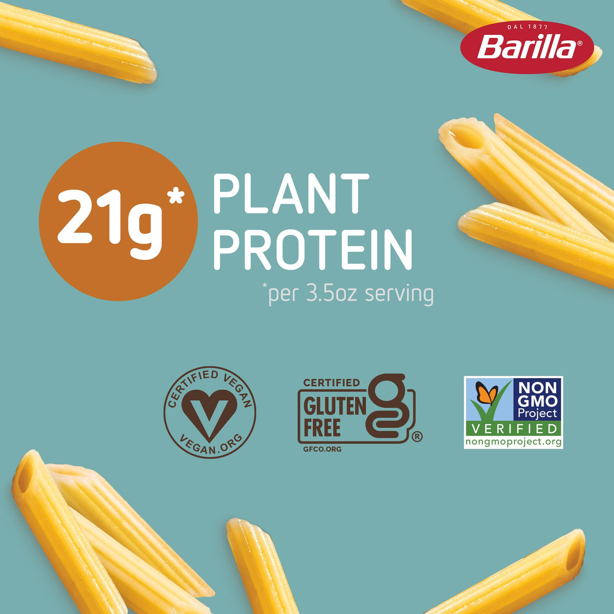 Barilla Chickpea Penne Pasta nutrition label shows 21g protein and 15g fiber.
