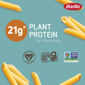 Barilla Chickpea Penne Pasta nutrition label shows 21g protein and 15g fiber.