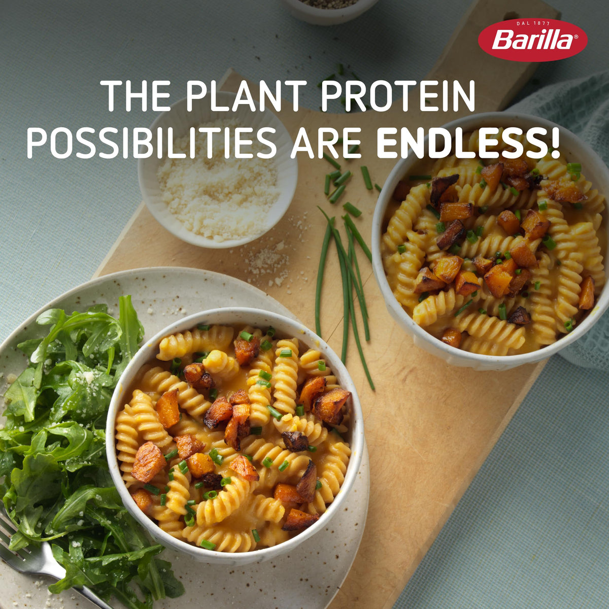 Barilla Chickpea Rotini in a cold pasta salad bowl.