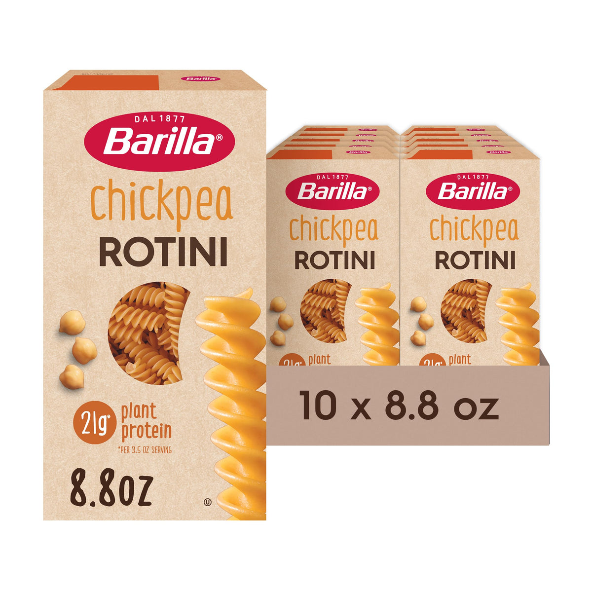 Barilla Chickpea Rotini pasta bowl with tomato sauce, showing plant-based protein option.