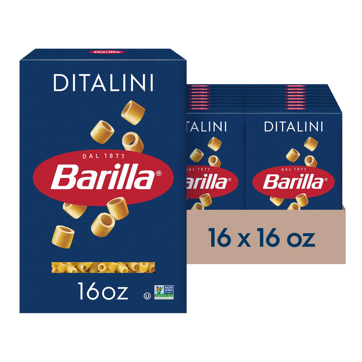 Barilla Ditalini pasta box showing durum wheat quality for al dente texture.