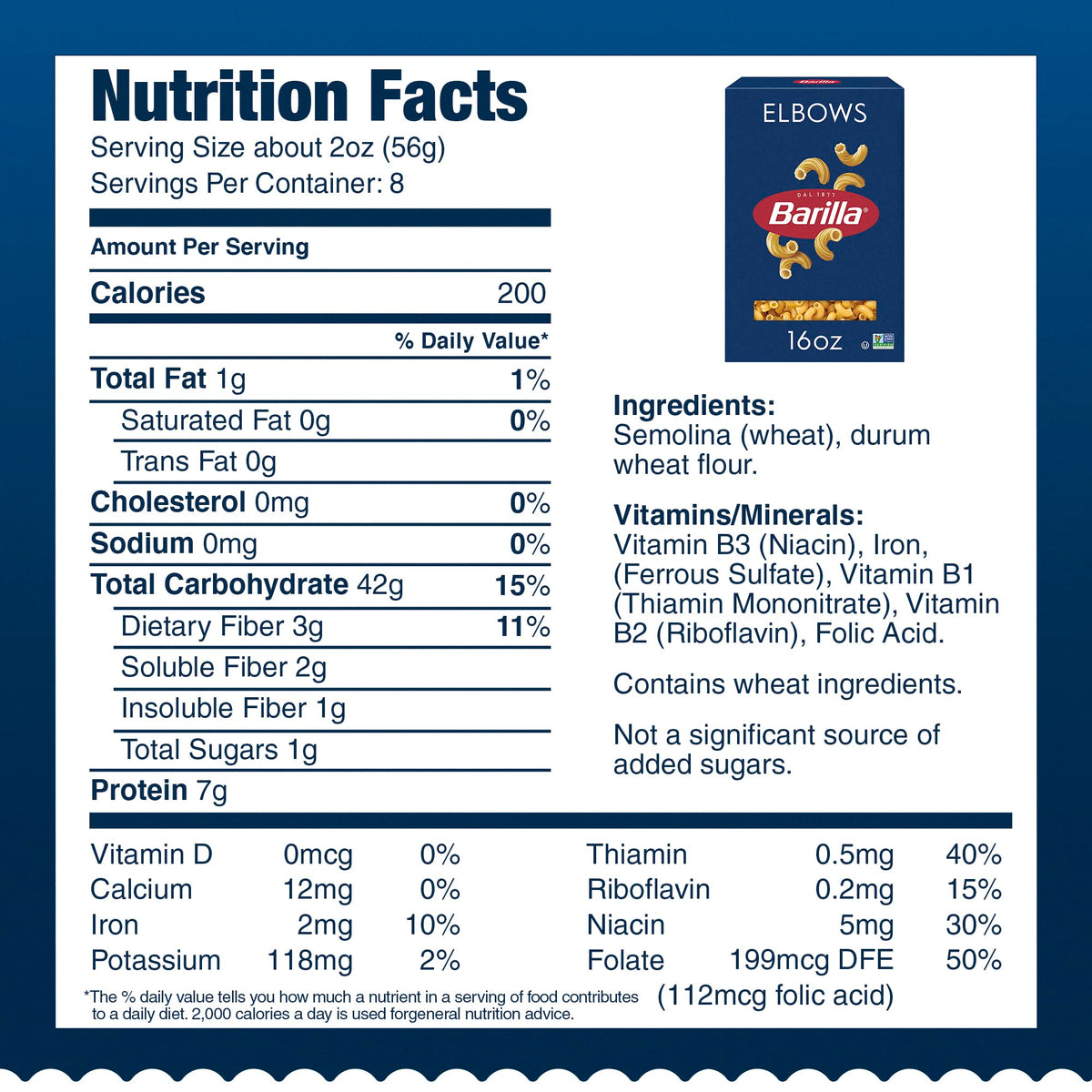 Durum wheat semolina ingredients highlight Barilla's quality.