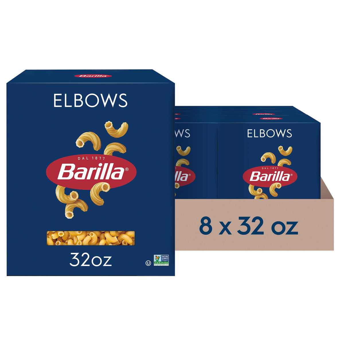 Barilla Elbows pasta box 8-pack front, pantry staple for quick meals.