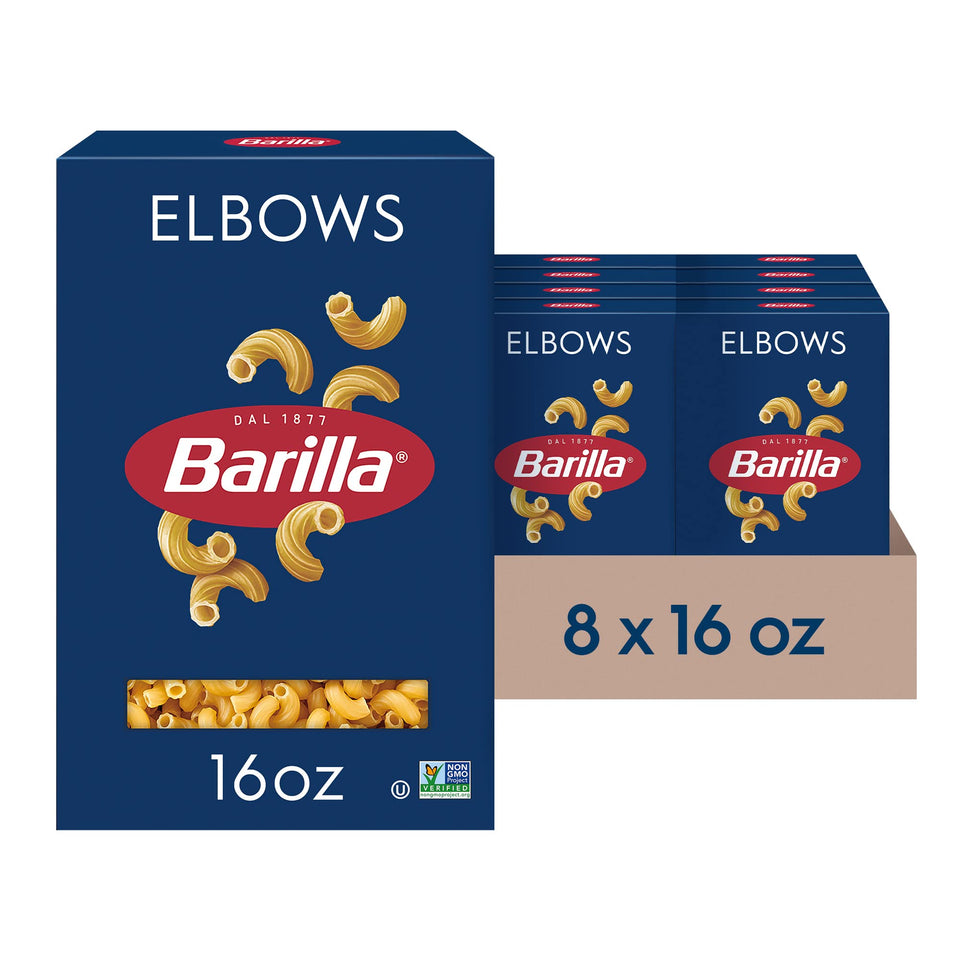 Barilla Elbows box front, pantry staple ready for family meals.