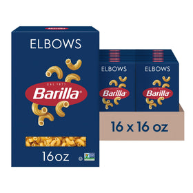Barilla Elbow Macaroni packaging shows bulk 16 oz boxes for pantry stocking.