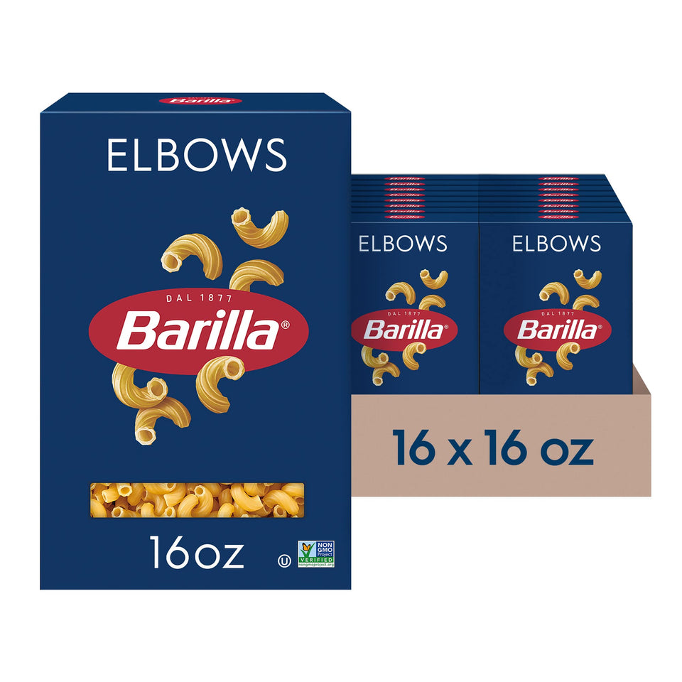 Barilla Elbow Macaroni packaging shows bulk 16 oz boxes for pantry stocking.