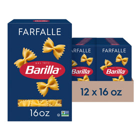 Barilla Farfalle pasta box front shows 16 oz packaging for easy meal prep.