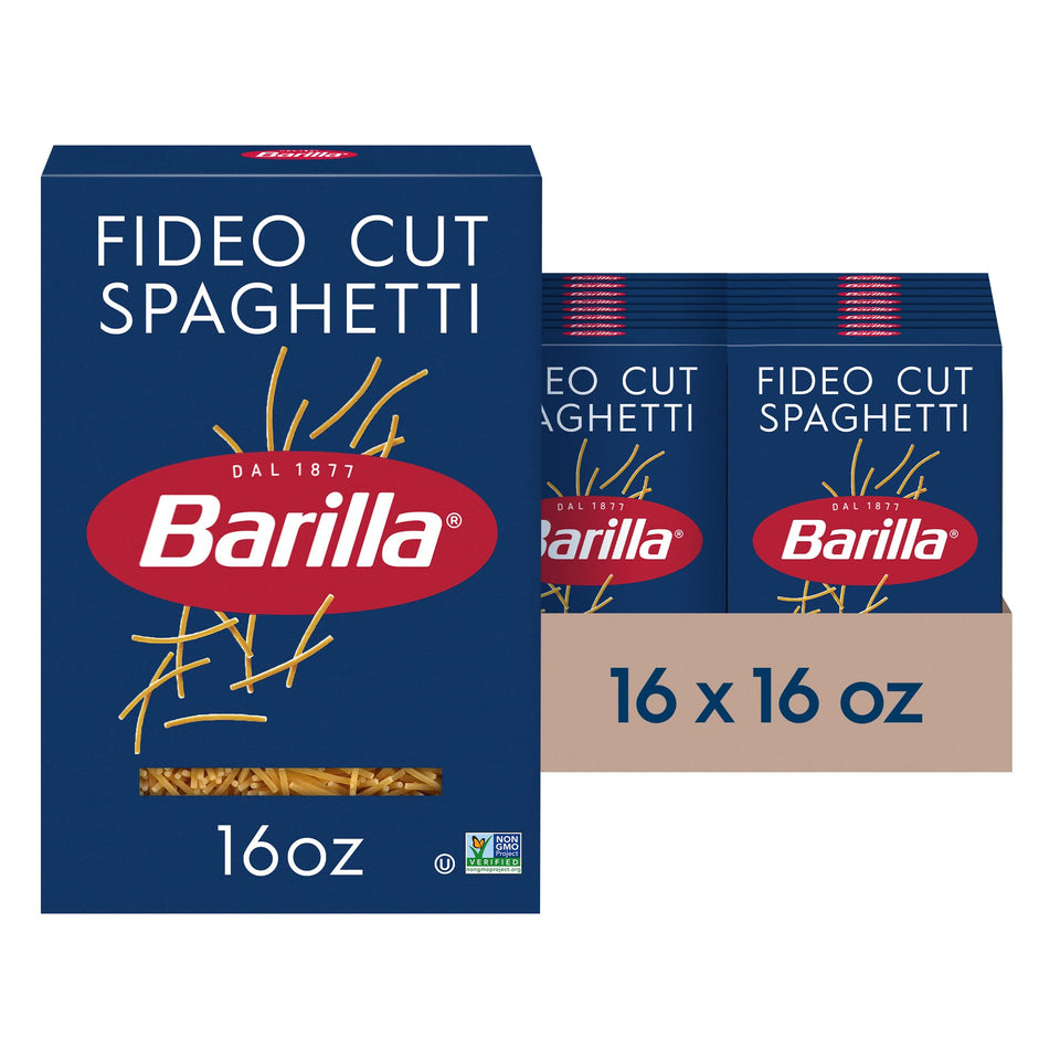 Barilla Fideo Cut Spaghetti box, 16 oz, convenient multi-pack for family meals.