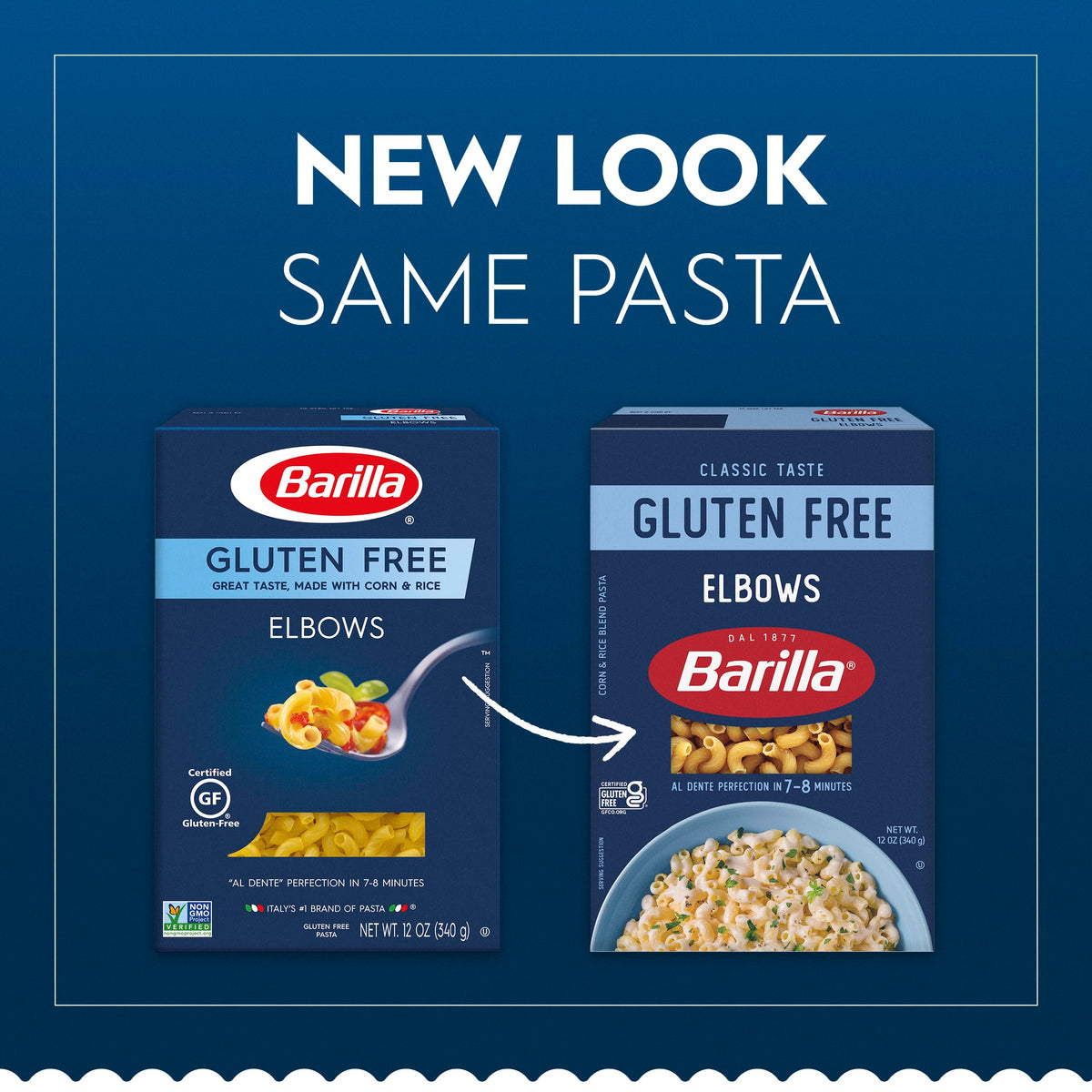 Barilla gluten-free elbows pasta closeup showing corn and rice base