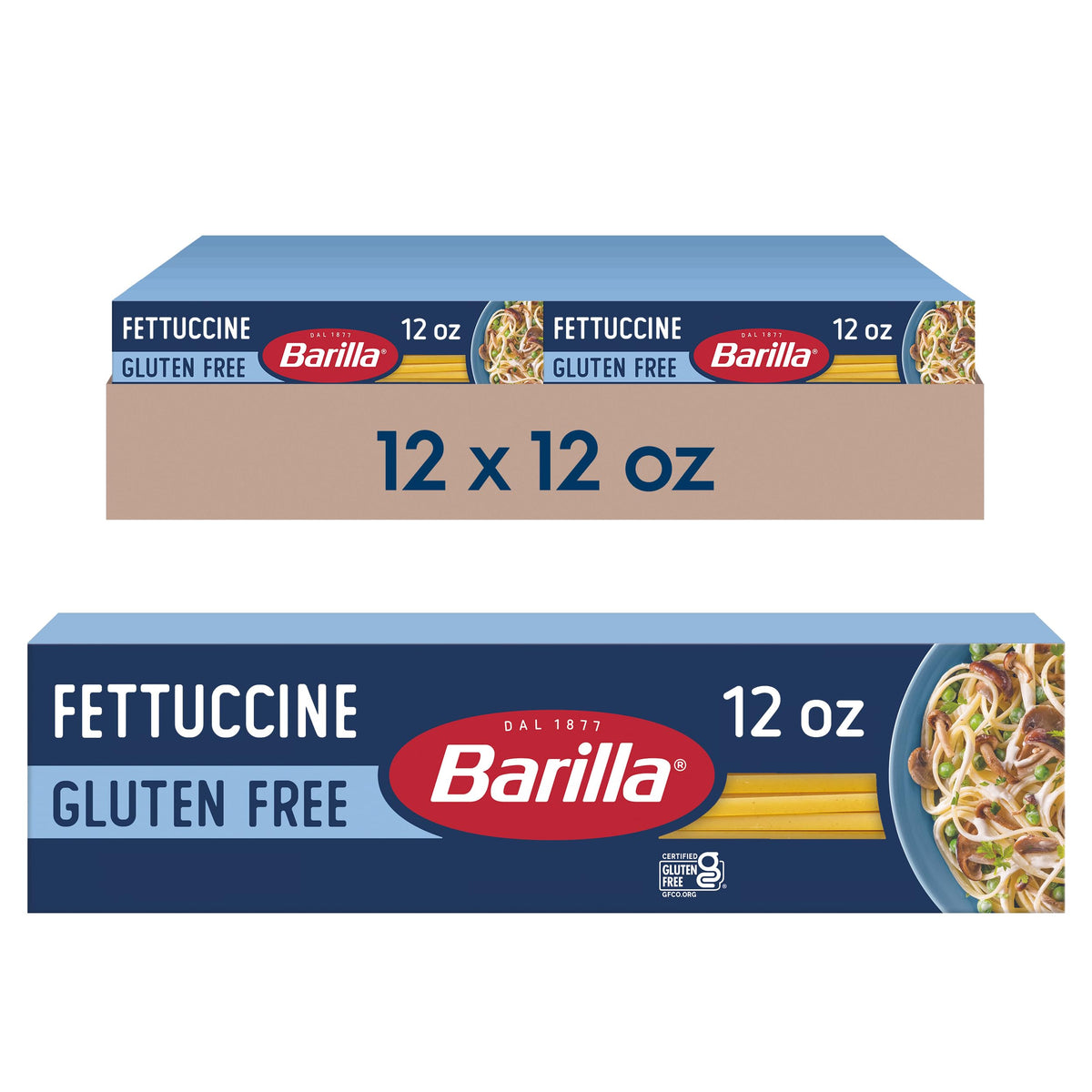 Barilla gluten free fettuccine box; gluten free corn and rice ingredients for family meals.
