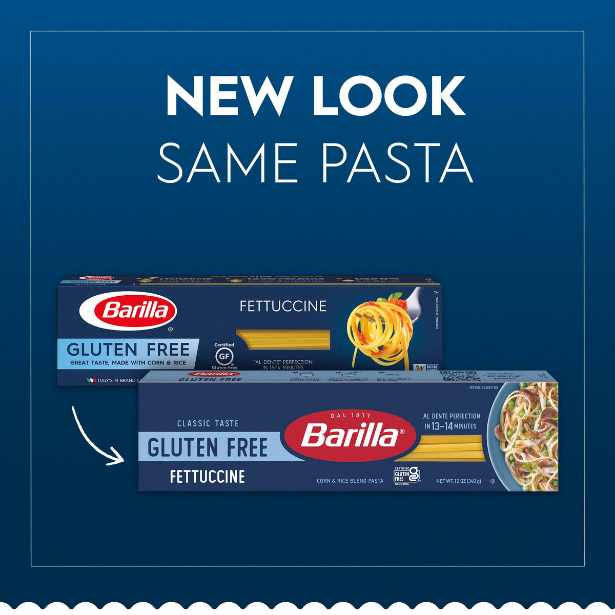 Barilla gluten free fettuccine ingredients label; non-GMO and gluten free assurance.