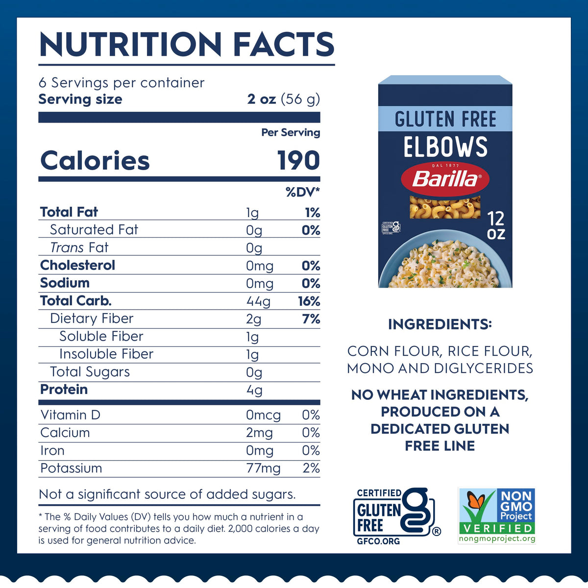 Barilla gluten free pasta ingredients highlighting corn and rice