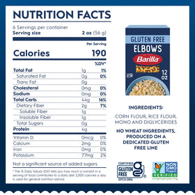 Barilla gluten free pasta ingredients highlighting corn and rice