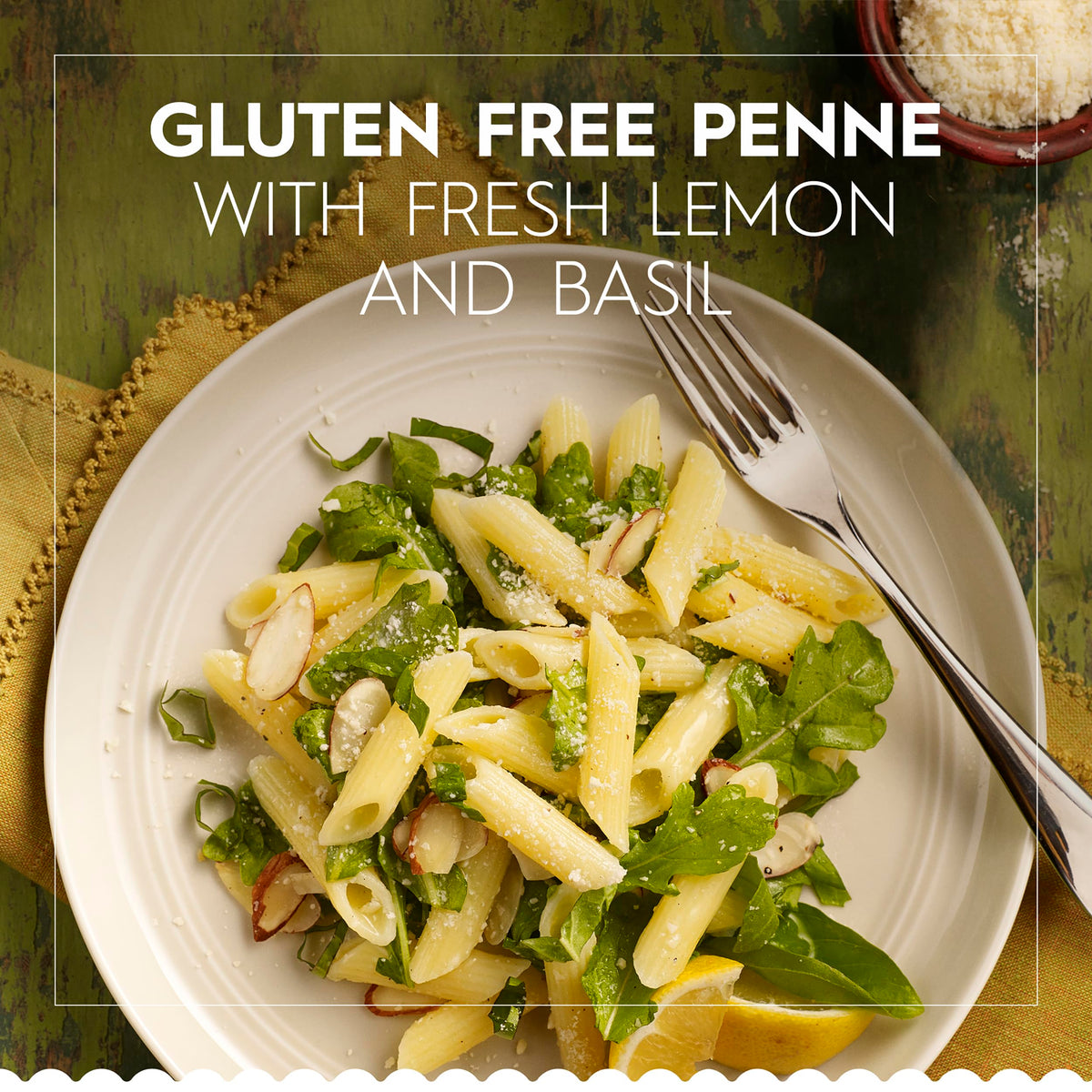 Barilla Gluten Free Penne plated with tomato sauce on plate.