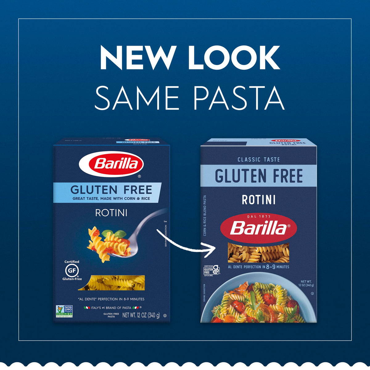Barilla Gluten Free Rotini 8-box pack showing convenient multi-pack for weeknight dinners