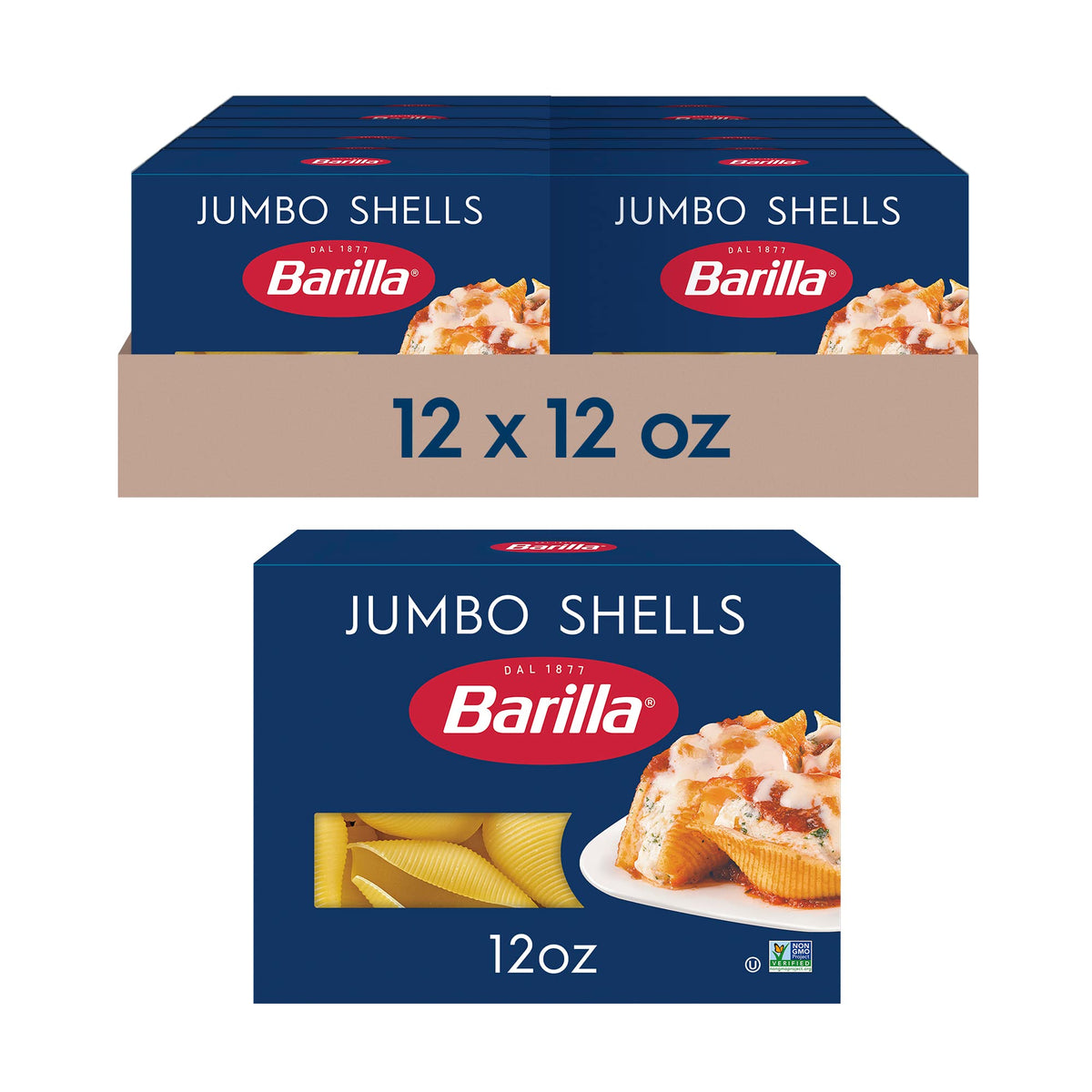 Barilla Jumbo Shells boxes on display, twelve-pack pantry staple for family meals.