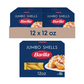 Barilla Jumbo Shells boxes on display, twelve-pack pantry staple for family meals.