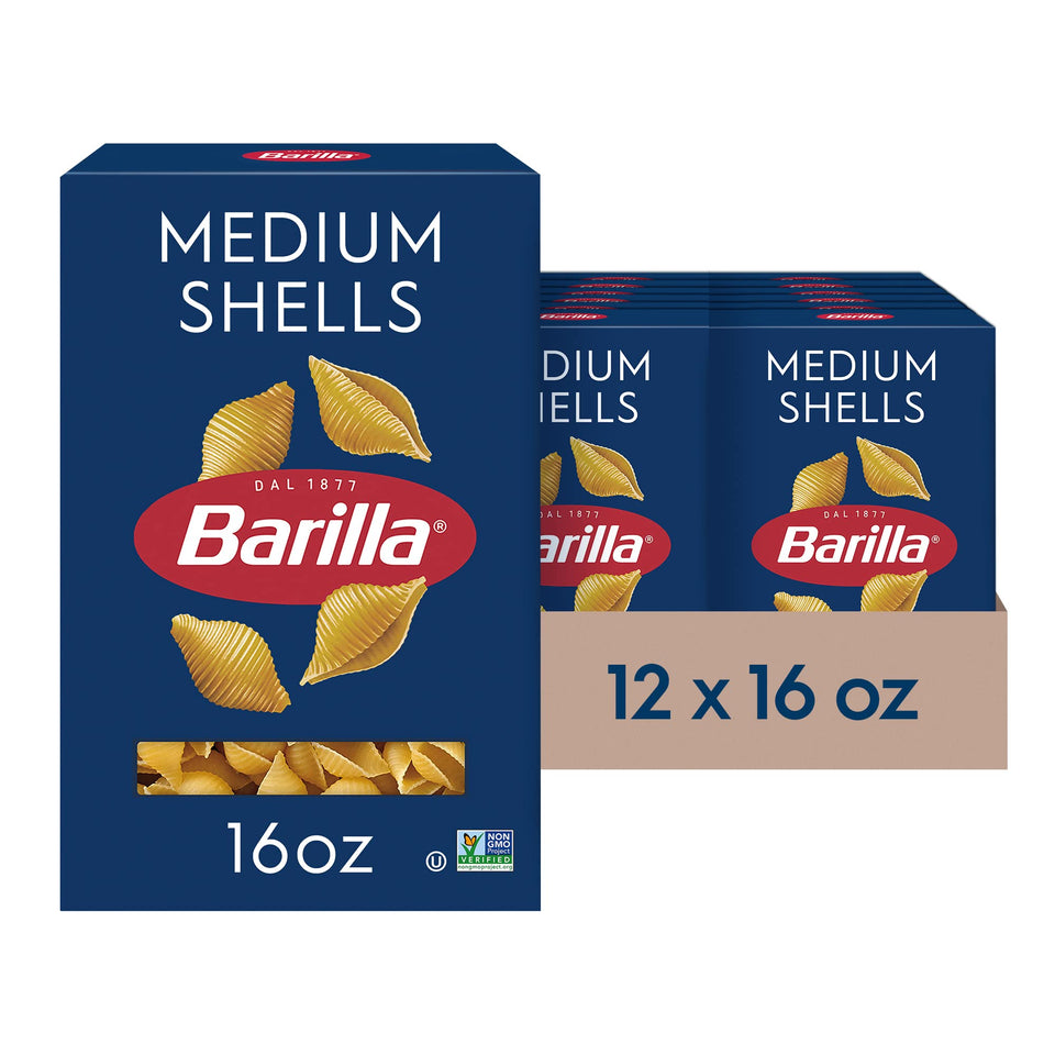 Barilla Medium Shells ridged shells close-up, ideal for sauce clinging.
