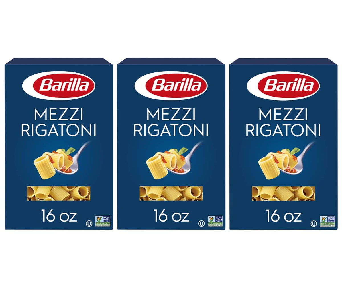 Barilla Mezzi Rigatoni box set shown, ideal for weeknight family meals.