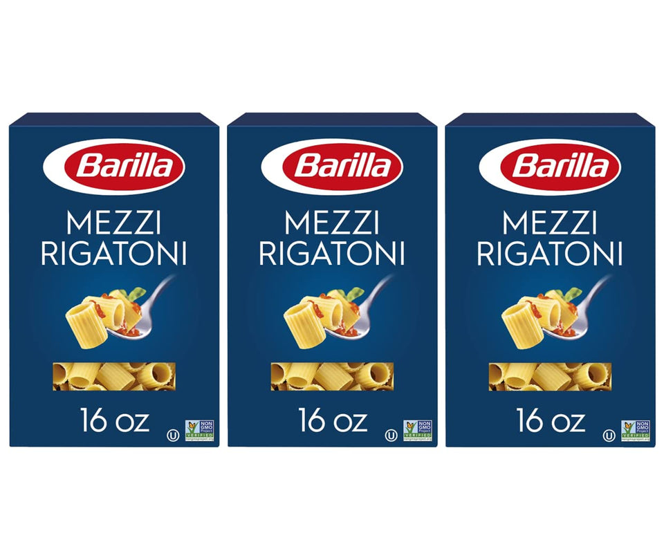 Barilla Mezzi Rigatoni box set shown, ideal for weeknight family meals.