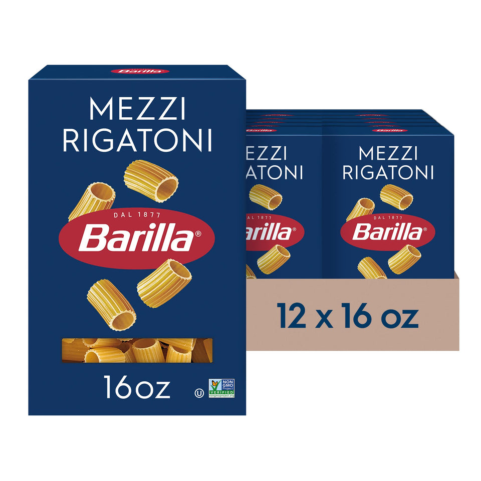 Barilla Mezzi Rigatoni pasta boxes in a 12-pack for easy meal prep.