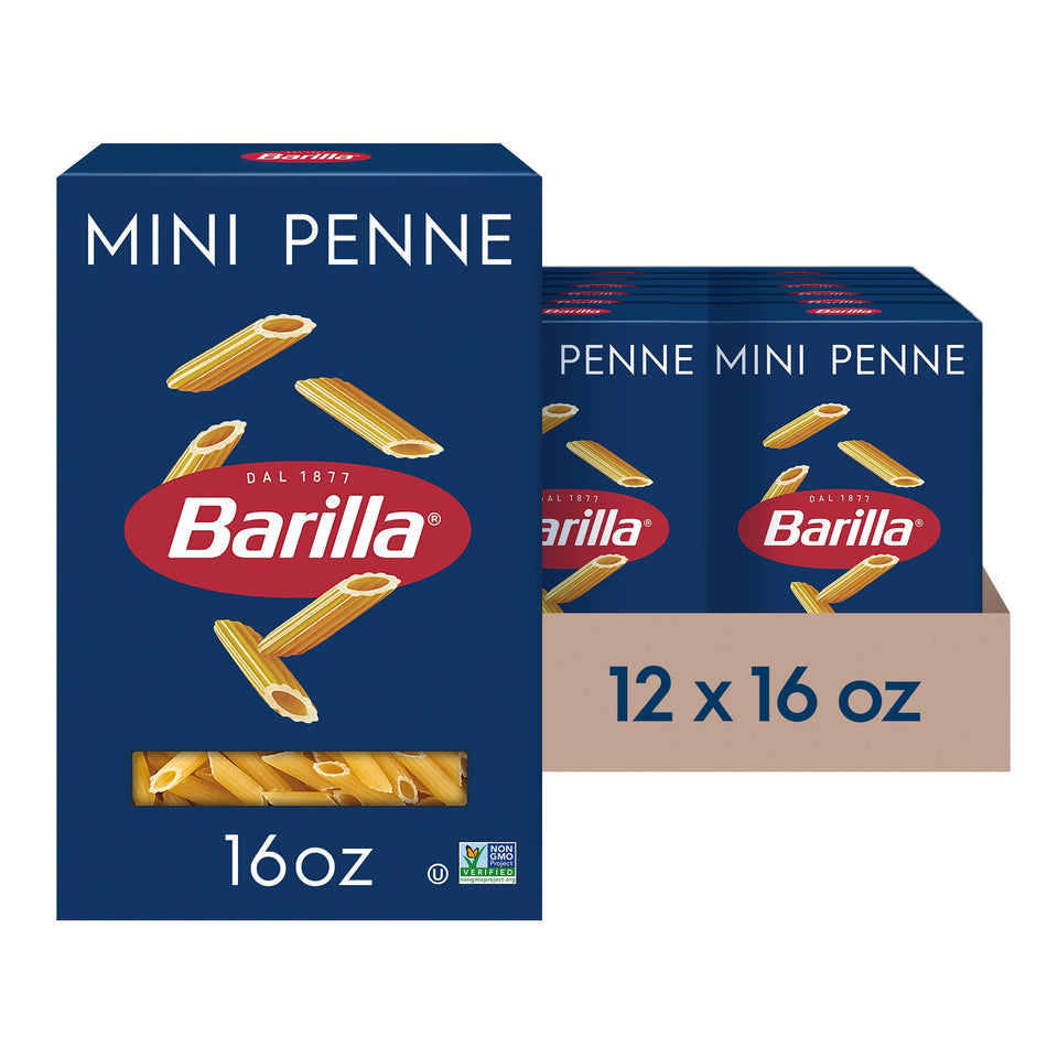 Barilla Mini Penne box for a 12-pack, convenient family-friendly pantry staple