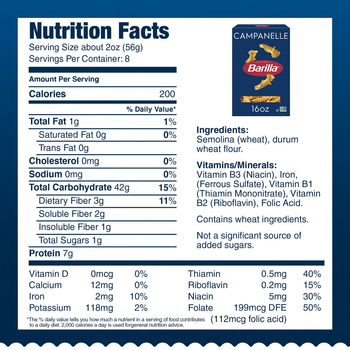 Barilla Campanelle uses non-GMO durum wheat for quality pasta.