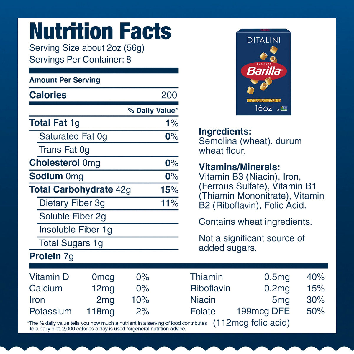 Barilla Ditalini Non-GMO and Kosher certified badge.
