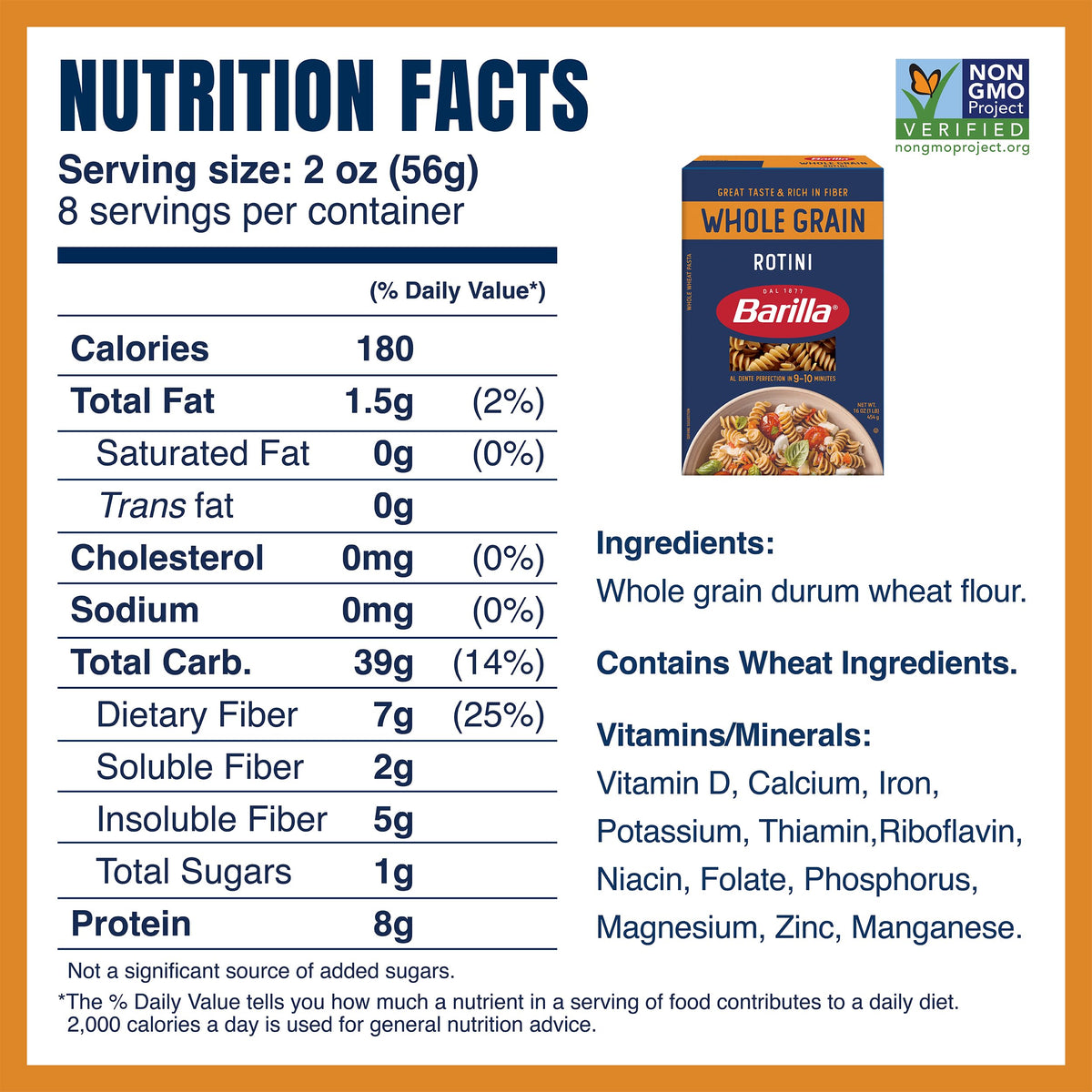 Barilla packaging highlighting non-GMO, kosher whole grain pasta.