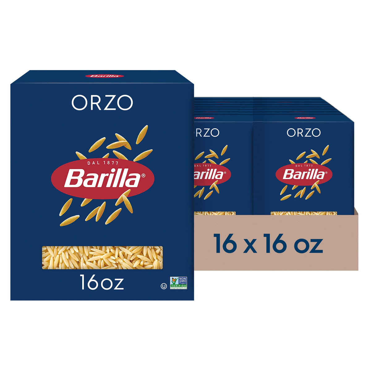 Barilla Orzo pasta box front, 16 oz, ideal for soups and quick meals.