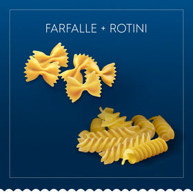 Barilla farfalle and rotini plated with sauce for serving.
