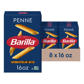 Barilla Penne pasta in a 16 oz box, 8-pack for quick meals.