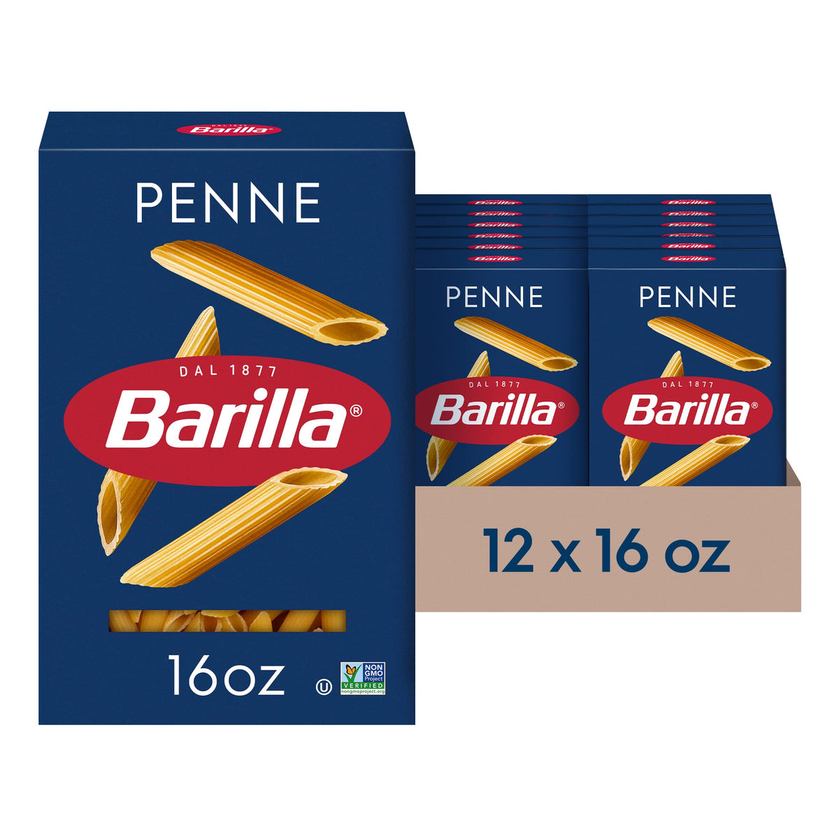 Barilla Penne pasta box with ridges designed to hold sauce on all surfaces.