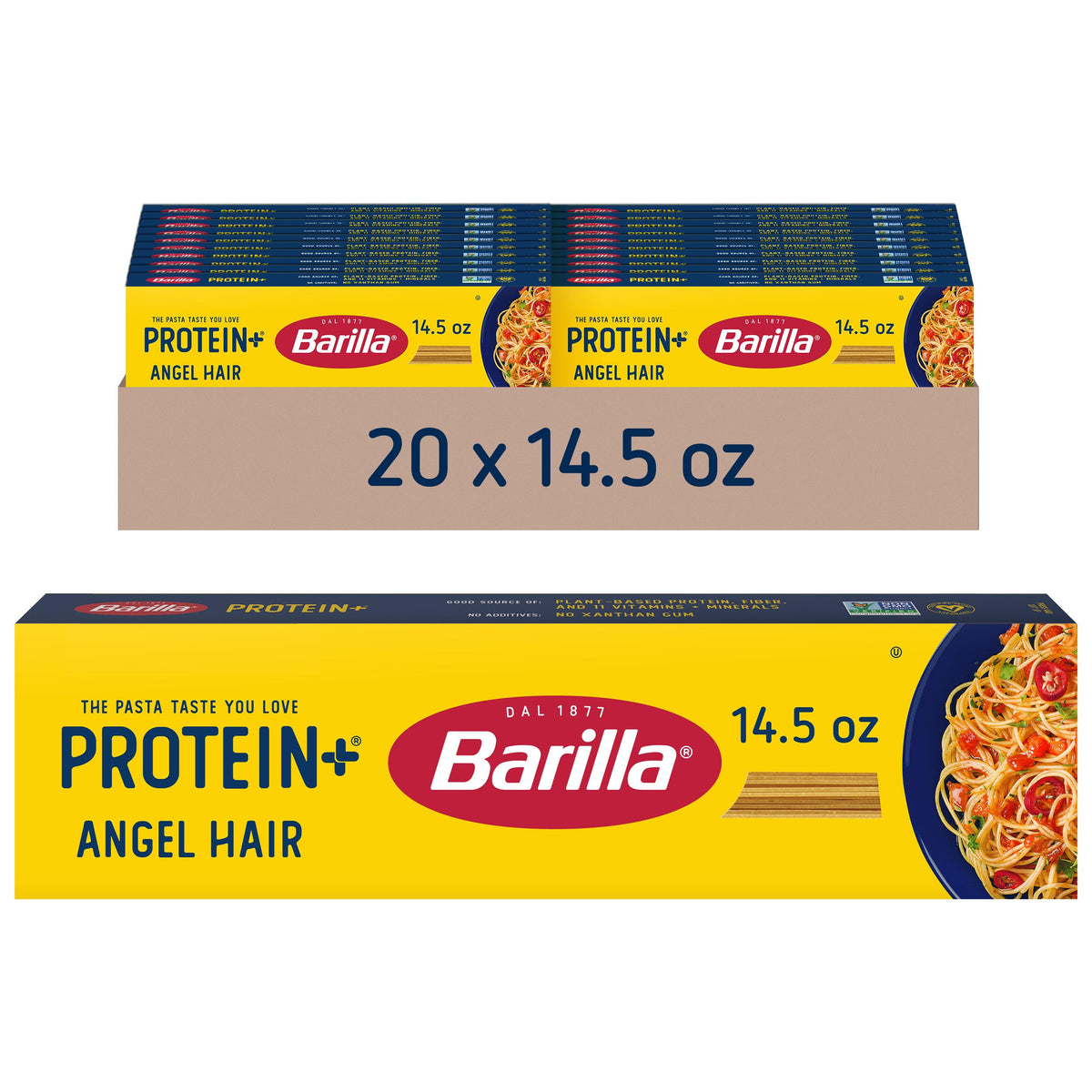 Barilla Protein+ angel hair pasta in a box, ideal for quick weeknight meals