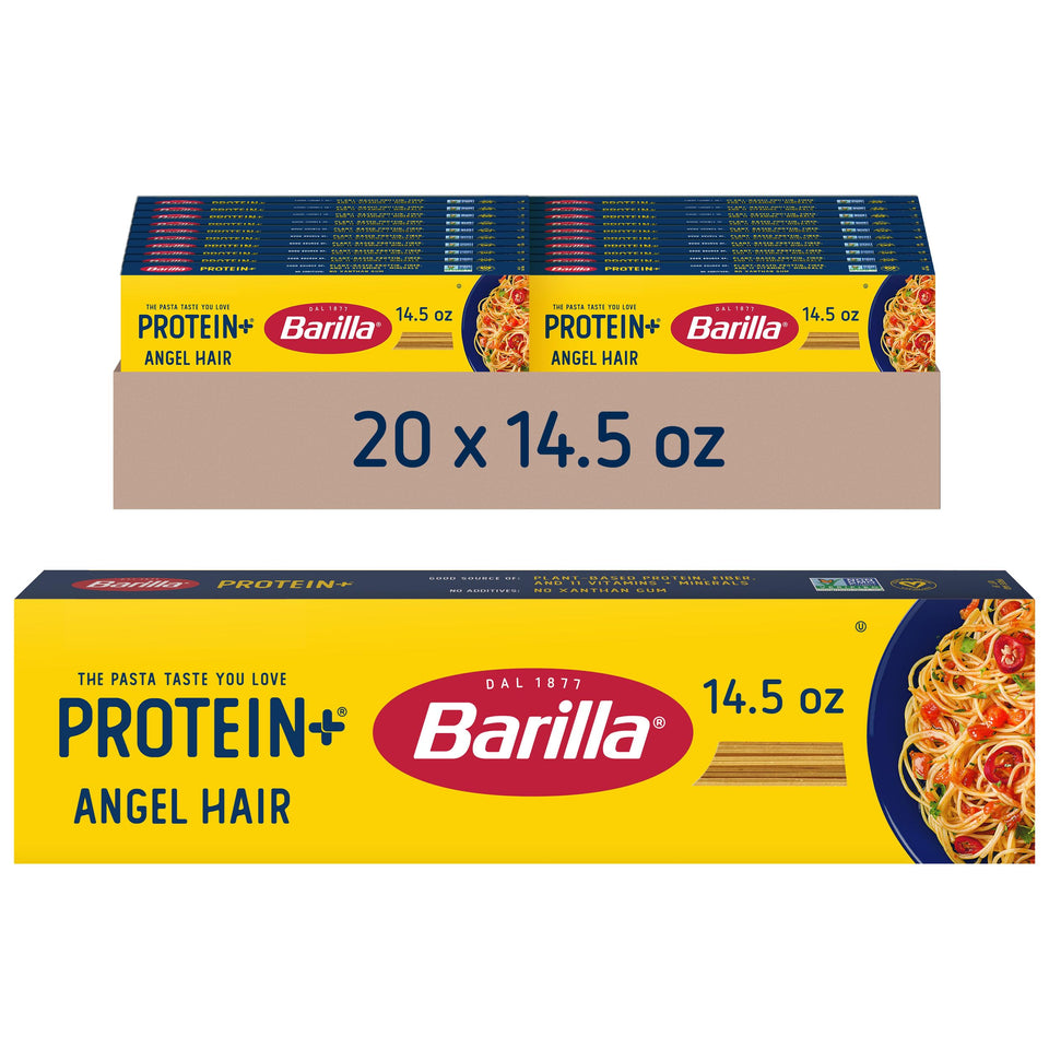 Barilla Protein+ angel hair pasta in a box, ideal for quick weeknight meals