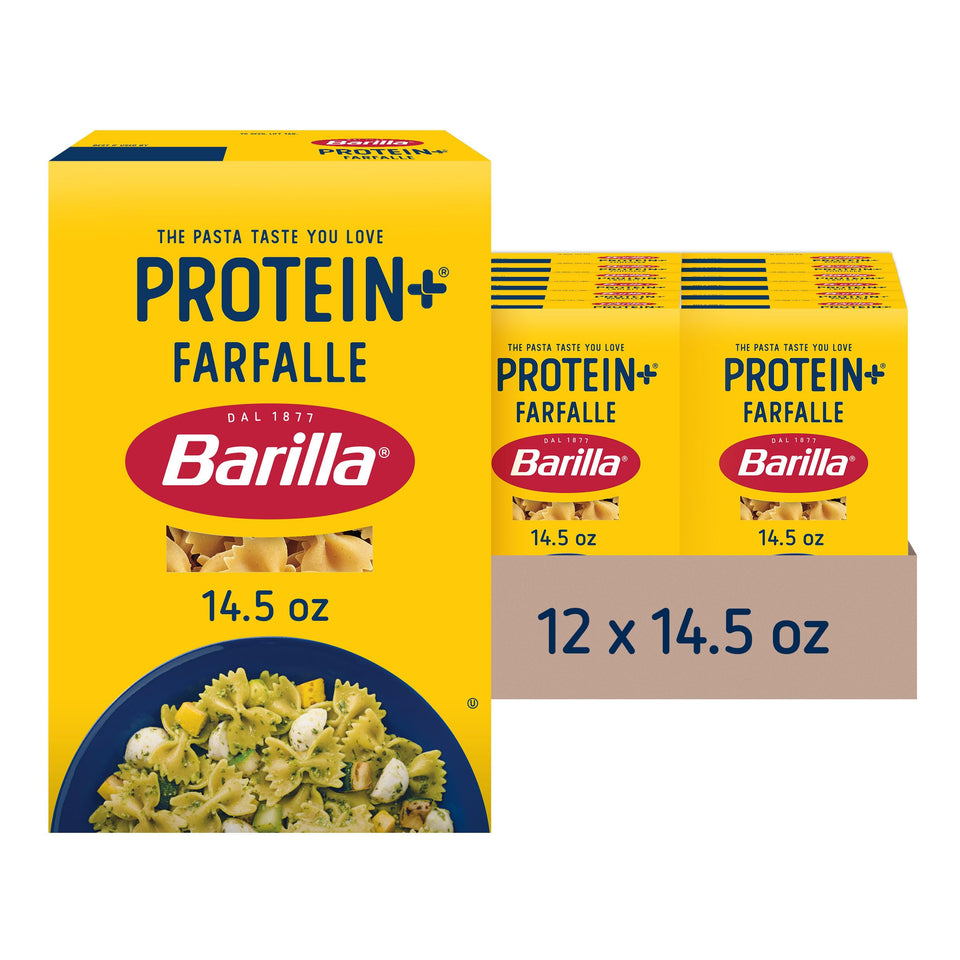 Barilla Protein+ Farfalle box highlighting plant-based protein