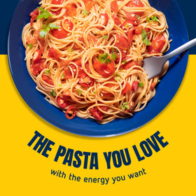 Barilla Protein+ kitchen scene with ready-to-cook angel hair pasta