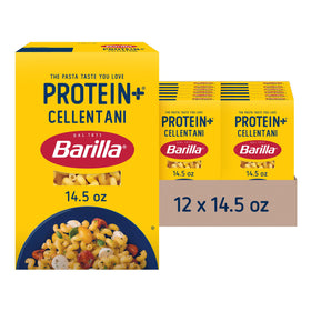 Barilla Protein+ Cellentani pasta box highlighting plant-based protein for family meals.