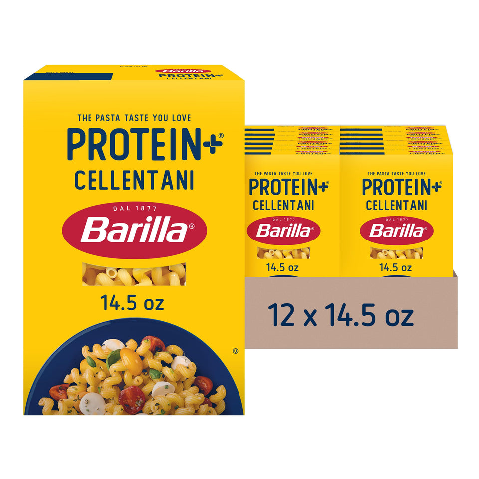 Barilla Protein+ Cellentani pasta box highlighting plant-based protein for family meals.