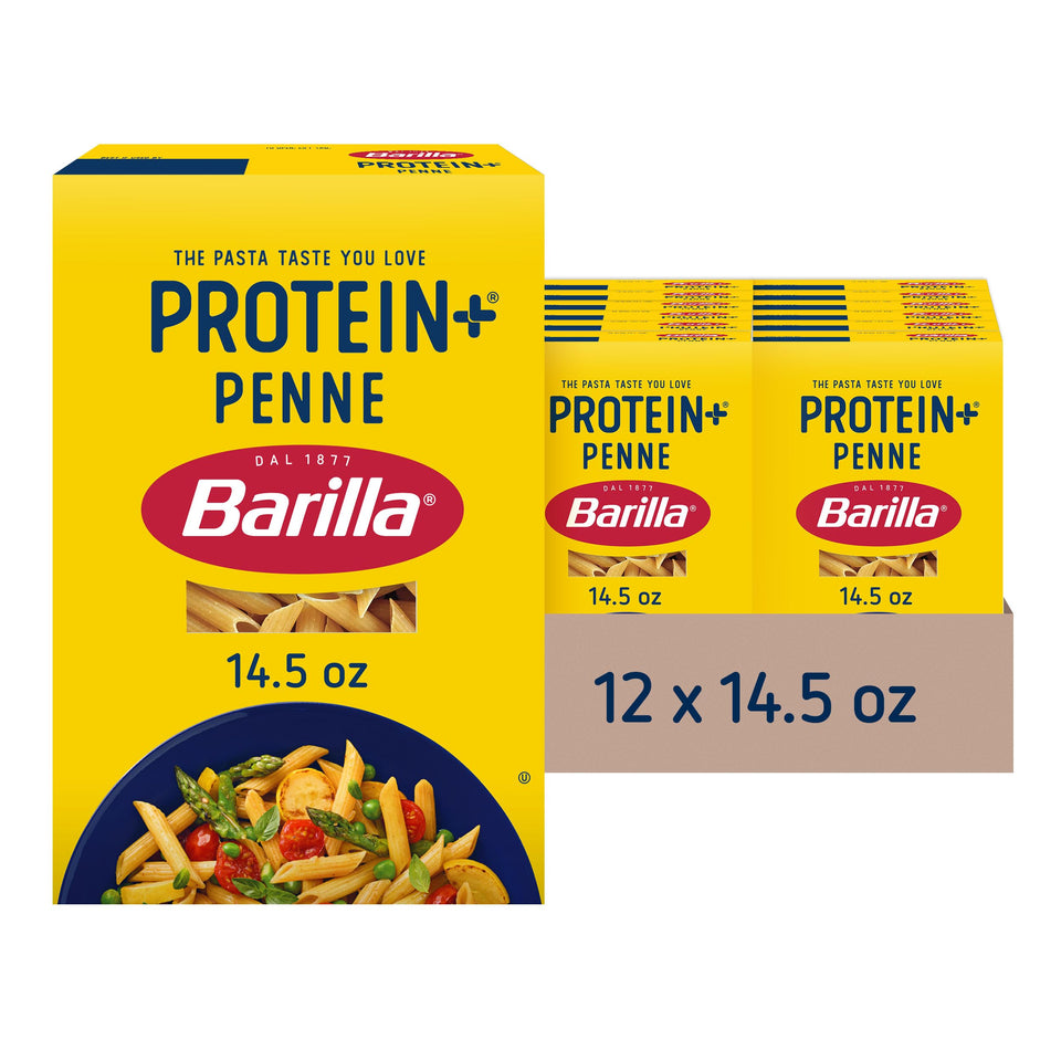 Barilla Protein+ Penne packaging showing plant-based protein from lentils, chickpeas, and peas.