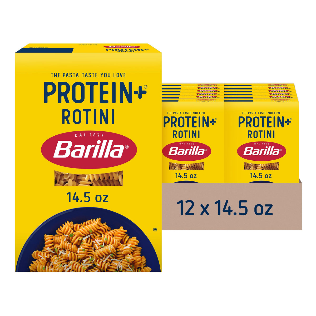 Barilla Protein+ Rotini box front shows plant-based protein option for families.