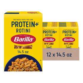 Barilla Protein+ Rotini box front shows plant-based protein option for families.