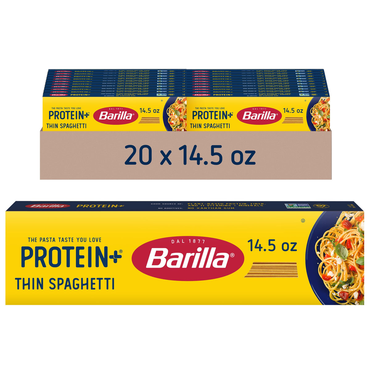 Barilla Protein+ Thin Spaghetti box showing packaging and serving size for protein-rich meals